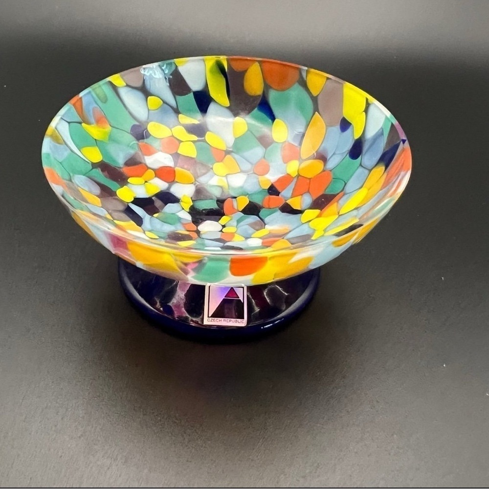 Opus Crystal Czech Republic Confetti designed small bowl with a cobalt stand